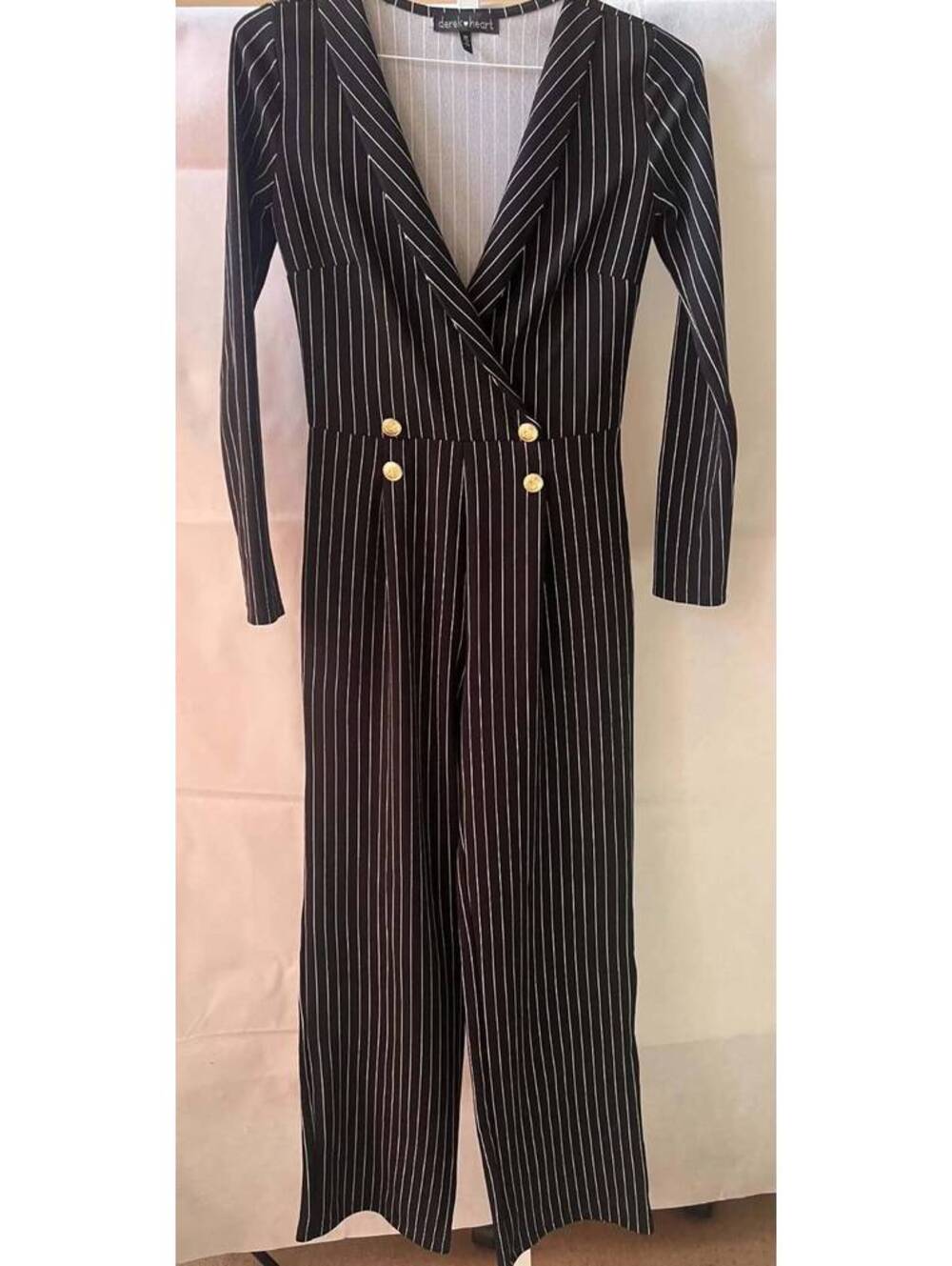 Derek Heart M Pinstripe Blazer Long Sleeve Wide Leg Jumpsuit